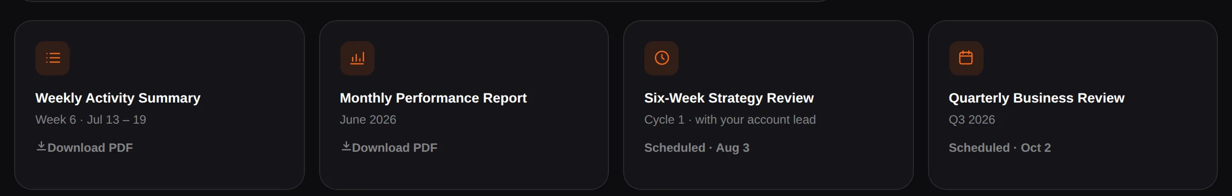Dashboard: weekly, monthly and review reports generated from the same data